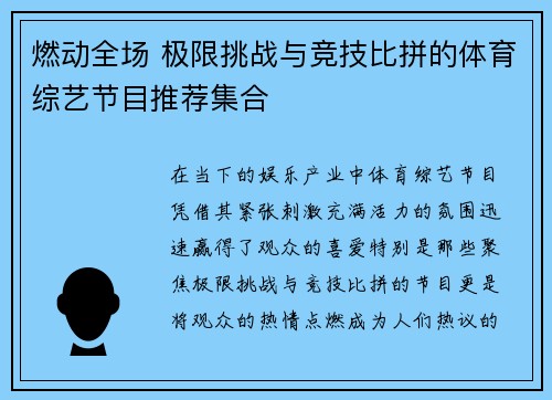 燃动全场 极限挑战与竞技比拼的体育综艺节目推荐集合