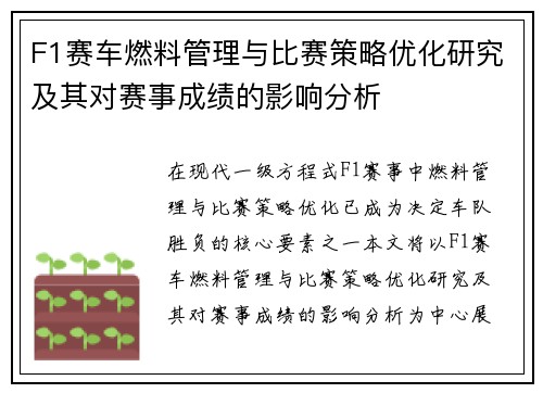 F1赛车燃料管理与比赛策略优化研究及其对赛事成绩的影响分析